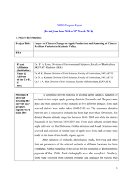 NMHS Progress Report (Period from June 2018 to 31 March, 2019) 1. Project Information: Project Title: Impact of Climate Change