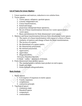 List of Topics for Linear Algebra: Basic Analysis