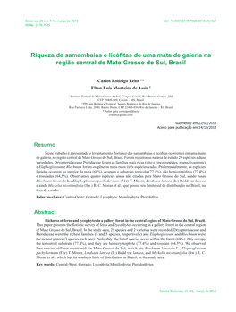 Riqueza De Samambaias E Licófitas De Uma Mata De Galeria Na Região Central De Mato Grosso Do Sul, Brasil