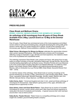 PRESS RELEASE Clean Break and Methuen Drama REBEL VOICES