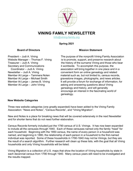 VINING FAMILY NEWSLETTER Info@Vining-Family.Org