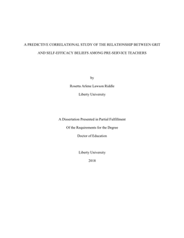 A Predictive Correlational Study of the Relationship Between Grit and Self-Efficacy Beliefs Among Pre-Service