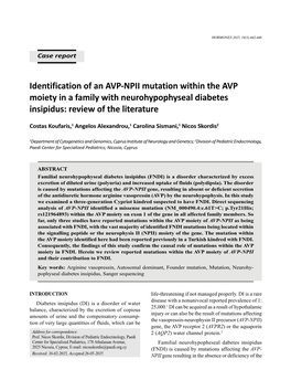 Identification of an AVP-NPII Mutation Within the AVP Moiety in a Family with Neurohypophyseal Diabetes Insipidus: Review of the Literature