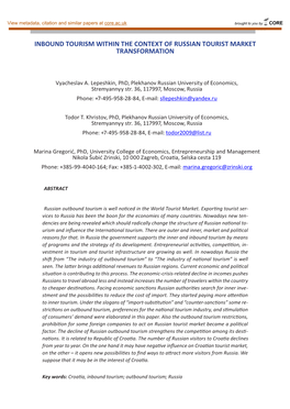 Inbound Tourism Within the Context of Russian Tourist Market Transformation 121