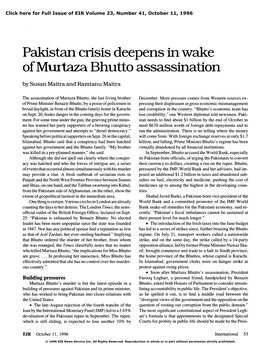 Pakistan Crisis Deepens in Wake of Murtaza Bhutto Assassination