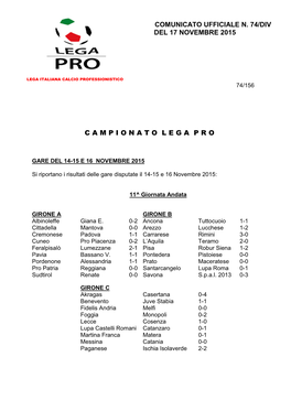 Comunicato Ufficiale N. 74/Div Del 17 Novembre 2015