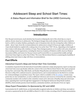 Adolescent Sleep and School Start Times: a Status Report and Information Brief for the LMSD Community