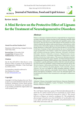 A Mini Review on the Protective Effect of Lignans for the Treatment of Neurodegenerative Disorders