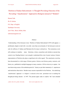 Partition of Indian Subcontinent: a Thought-Provoking Outcome of the Prevailing “Anachronistic” Approach to Religion Instead of “Modern”