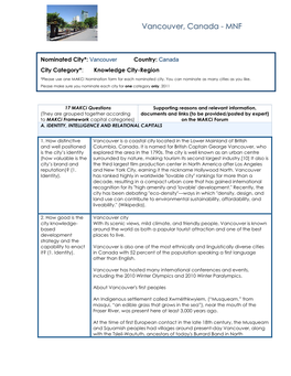 Nominated City*: Vancouver Country: Canada City Category*: Knowledge City-Region