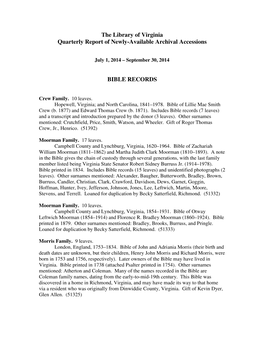 The Library of Virginia Quarterly Report of Newly-Available Archival Accessions