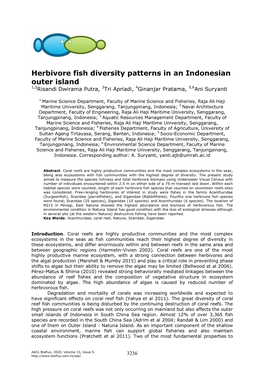 Putra R. D., Apriadi T., Pratama G., Suryanti A., 2020 Herbivore Fish Diversity Patterns in an Indonesian Outer Island