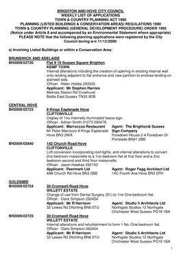 Brighton and Hove City Council Weekly List of Applications Town & Country Planning Act 1990 Planning (Listed Buildings &