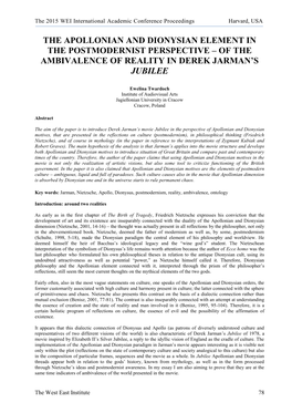 The Apollonian and Dionysian Element in the Postmodernist Perspective – of the Ambivalence of Reality in Derek Jarman’S Jubilee