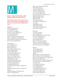 Moody's Mega Math Challenge 2012 Registered Schools (Alpha by State