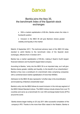 Bankia Joins the Ibex 35, the Benchmark Index of the Spanish Stock Exchanges