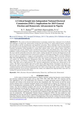 (INEC): Implications for 2015 General Election and Democratic Advancement in Nigeria