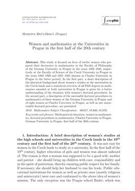 Women and Mathematics at the Universities in Prague in the First