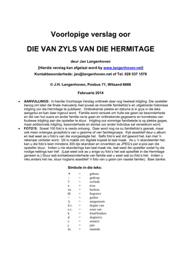 Voorlopige Verslag Oor DIE VAN ZYLS VAN DIE HERMITAGE