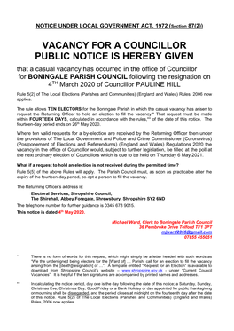 Vacancy for a Councillor Public Notice Is Hereby Given