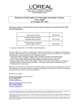 Disclosure of Total Number of Voting Rights and Number of Shares in the Capital at November 30Th, 2015