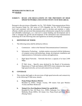 Rules and Regulations on the Provision of High Speed Networks and Connectivity to It Hub Areas