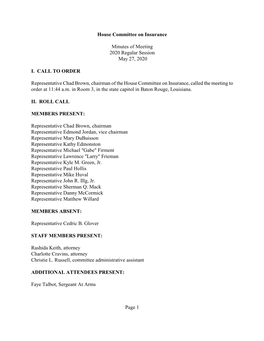 House Committee on Insurance Minutes of Meeting 2020 Regular