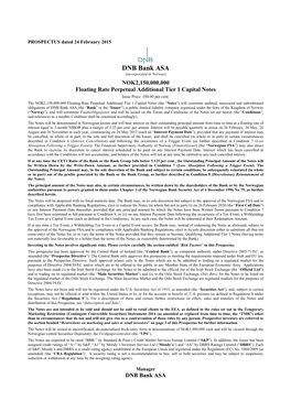 DNB Bank ASA (Incorporated in Norway) NOK2,150,000,000 Floating Rate Perpetual Additional Tier 1 Capital Notes Issue Price: 100.00 Per Cent