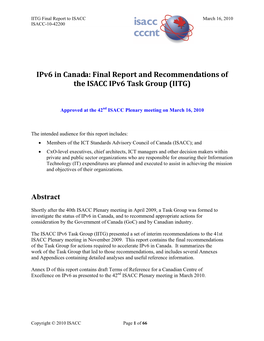 Final Report and Recommendations of the ISACC Ipv6 Task Group (IITG)