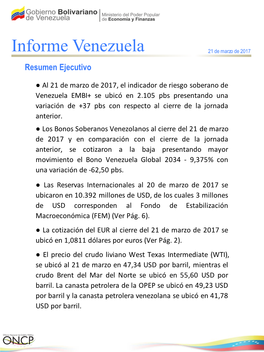 Informe Venezuela 21 De Marzo De 2017 Resumen Ejecutivo