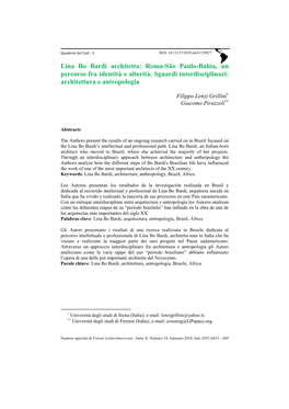 Lina Bo Bardi Architetta: Roma-São Paulo-Bahia, Un Percorso Fra Identità E Alterità
