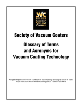 Glossary of Terms and Acronyms for Vacuum Coating Technology