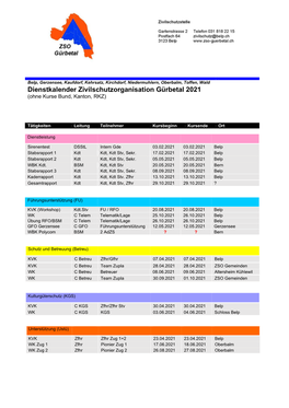 Dienstkalender Zivilschutzorganisation Gürbetal 2021 (Ohne Kurse Bund, Kanton, RKZ)