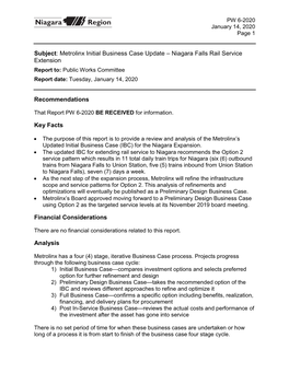 Subject: Metrolinx Initial Business Case Update – Niagara Falls Rail Service Extension Recommendations Key Facts Financial