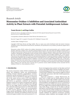 Monoamine Oxidase-A Inhibition and Associated Antioxidant Activity in Plant Extracts with Potential Antidepressant Actions