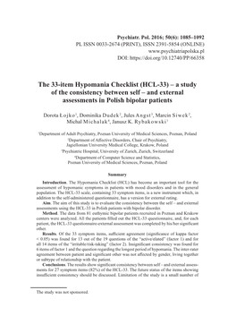 The 33-Item Hypomania Checklist (HCL-33) – a Study of the Consistency Between Self – and External Assessments in Polish Bipolar Patients