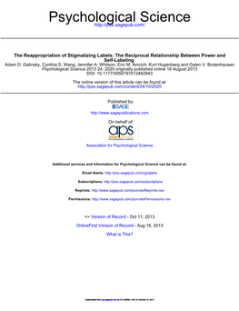 The Reappropriation of Stigmatizing Labels: the Reciprocal Relationship Between Power and Self-Labeling Adam D