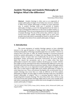 Analytic Theology and Analytic Philosophy of Religion: What's The