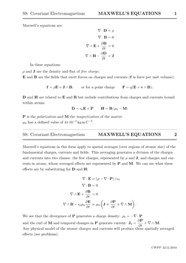 S8: Covariant Electromagnetism MAXWELL's EQUATIONS 1