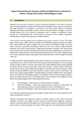 Impact of Social Network, Reunion, Health and Adjustment on Intention to Return: a Study of Sri Lankan Tamil Refugees in India