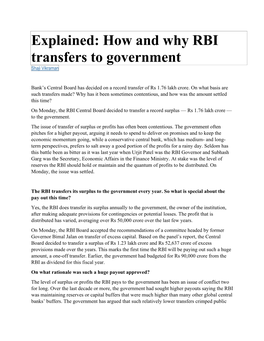 Explained: How and Why RBI Transfers to Government Shaji Vikraman