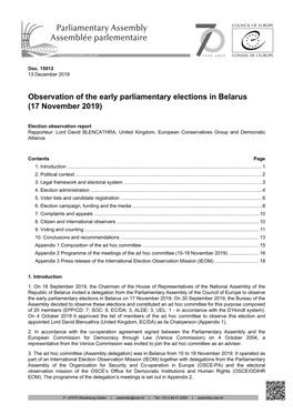 Observation of the Early Parliamentary Elections in Belarus (17 November 2019)