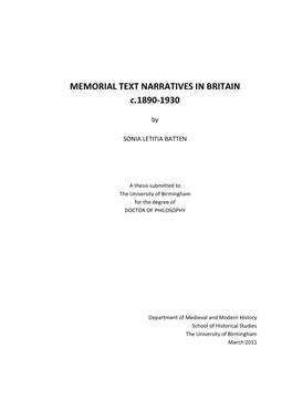 MEMORIAL TEXT NARRATIVES in BRITAIN C.1890-1930
