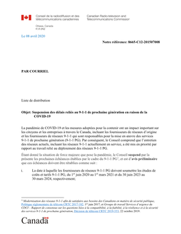 Suspension Des Délais Reliés Au 9-1-1 De Prochaine Génération En Raison De La COVID-19