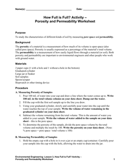 Activity – Porosity and Permeability Worksheet