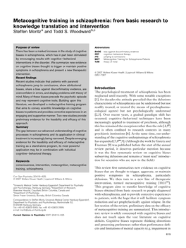 Metacognitive Training in Schizophrenia: from Basic Research to Knowledge Translation and Intervention Steffen Moritza and Todd S