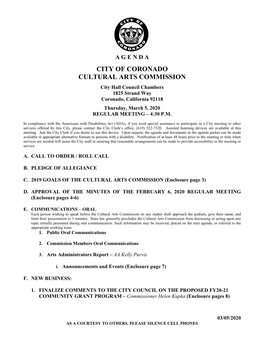 CITY of CORONADO CULTURAL ARTS COMMISSION City Hall Council Chambers 1825 Strand Way Coronado, California 92118 Thursday, March 5, 2020 REGULAR MEETING – 4:30 P.M