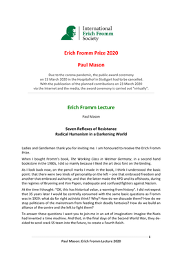 Erich Fromm Prize 2020 Paul Mason Erich Fromm Lecture