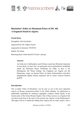 Diocletian's Edict on Maximum Prices of 301 AD. a Fragment Found in Aigeira