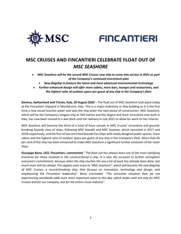 Msc Cruises and Fincantieri Celebrate Float out of Msc Seashore